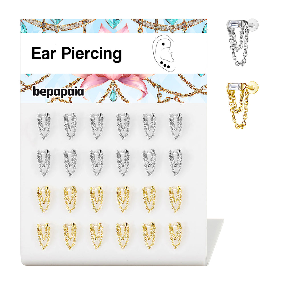 Labret avec zirconia taille baguette et petites chaînes